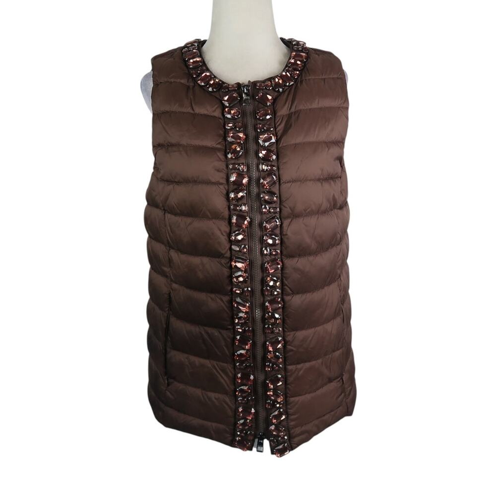 Chico's Brown Quilted Puffer Vest Jewel Embellishments Zip Size Small